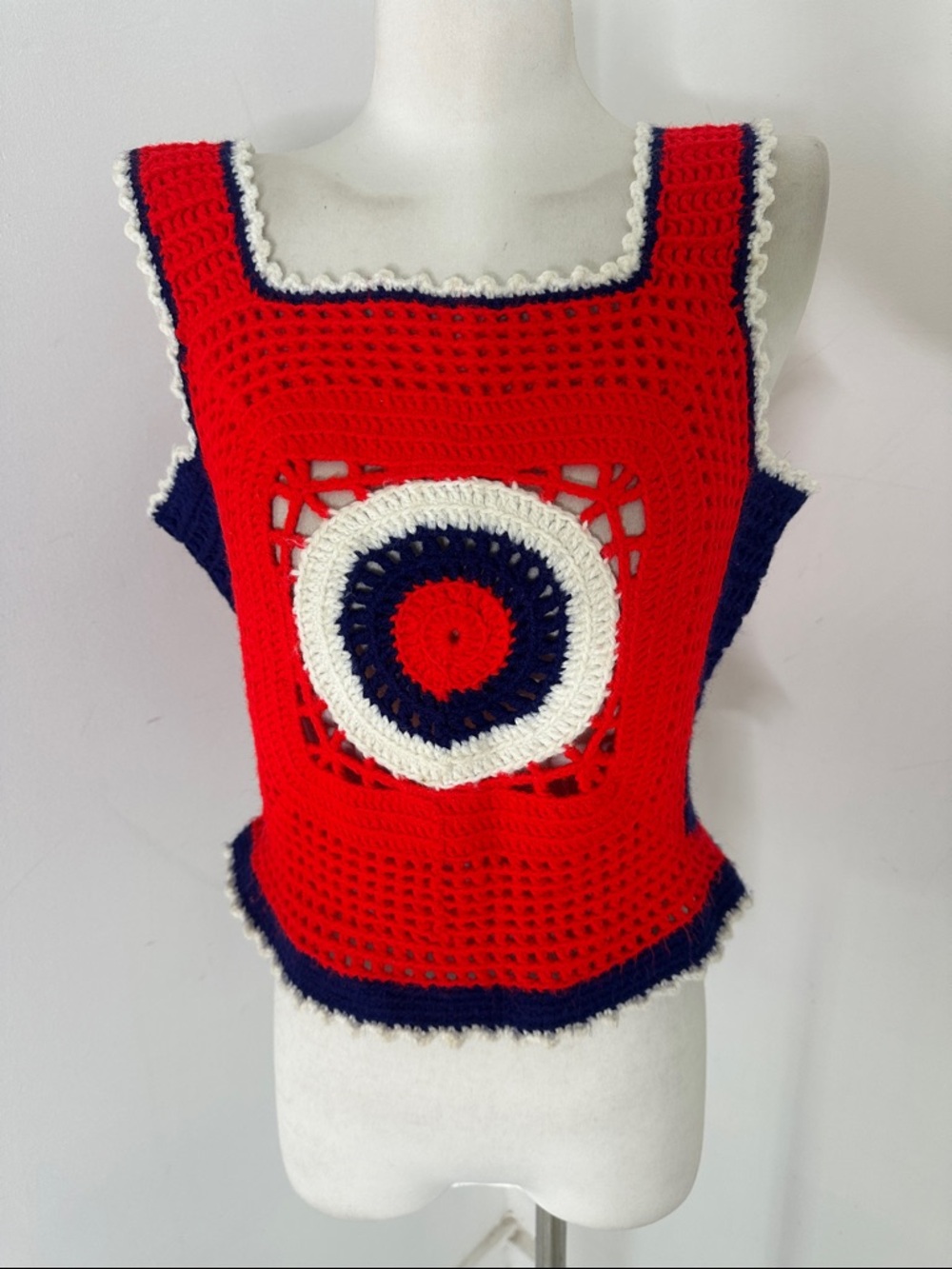Vintage 60s Handmade Crochet Americana Red White Blue Top